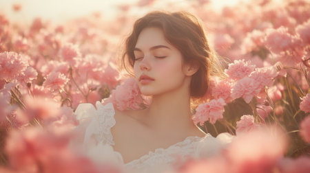 A young caucasian woman with closed eyes stands serenely in a field of pink flowers, bathed in soft sunlight, creating a dreamy and ethereal atmosphere.の素材