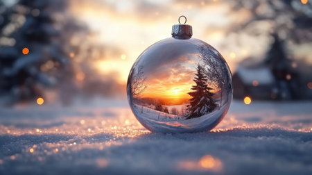 A festive ornament lies in the snow, reflecting a serene winter landscape at sunset. surrounded by frosted trees and houses, it essence of holiday magic and tranquility.の素材