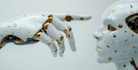 A close-up of a humanoid robots face and a mechanical hand reaching forward, showcasing intricate metallic details and advanced technology. the scene suggests connection and innovation.の素材