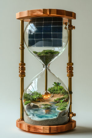 An hourglass intricately designed with a miniature ecosystem within its chambers, featuring a solar panel. this artwork symbolizes sustainability and the balance between technology and nature.の素材