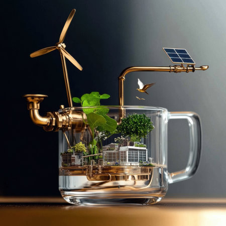 Miniature Sustainable City Inside Glass Mug with Wind Turbine and Solar Panel.の素材