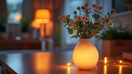 A cozy living room illuminated by warm fairy lights and a beautiful flower vase on a wooden table at sunset, creating a serene and charming atmosphere with a soft bokeh background.の素材