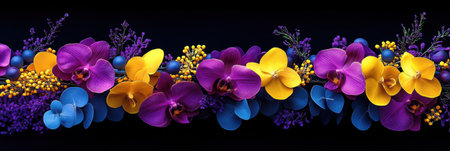 A striking floral arrangement featuring vivid purple and yellow orchids, complemented by blue eucalyptus leaves and small yellow buds, set against a dark backdrop to enhance the colors.の素材