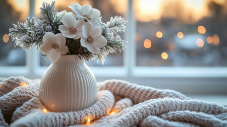 A white vase filled with frosted flowers and evergreen branches sits on a soft knit blanket, illuminated by soft winter lights, creating a cozy and serene atmosphere by the window.の素材
