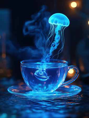 An enchanting scene featuring glowing jellyfish gracefully floating above a teacup, which contains an intricately detailed miniature submarine, surreal underwater fantasy.の素材