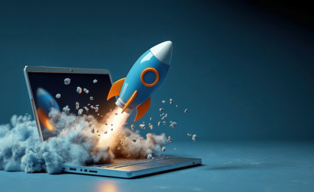 A dynamic scene of a rocket blasting off from a laptop screen, enveloped in smoke and particles, representing innovation, technology progress, and digital advancement.の素材