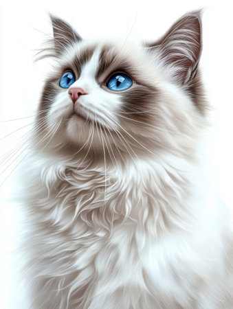 Portrait of a fluffy white cat with mesmerizing blue eyes set against a soft, neutral background. the felines fur appears plush and well-groomed, enhancing its elegant appearance.の素材