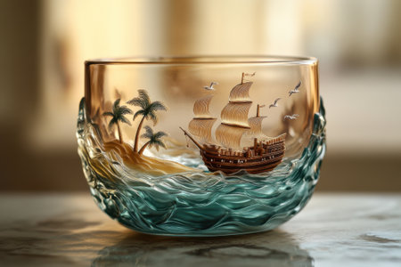 Intricately Designed Glass Bowl with Sailing Ship and Tropical Island Scene.の素材