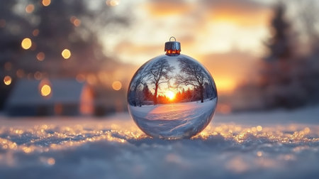 A beautiful glass ornament rests in the snow, reflecting a serene winter sunset. the warm glow and ice a magical holiday scene.の素材