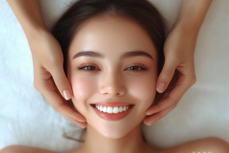 An asian woman enjoys a relaxing facial massage, with a radiant smile and glowing skin. the soothing treatment provides a sense of calm and rejuvenation in a serene spa setting.の素材