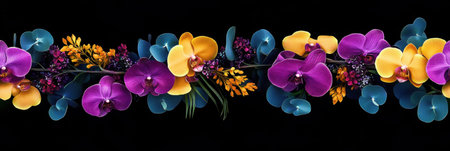 A striking arrangement of vibrant purple and orange orchids complemented by blue and gold foliage, set against a black background, creating an elegant and dramatic display.の素材