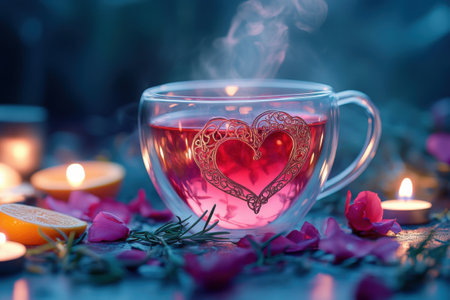 A warm cup of herbal tea in a heart-shaped glass, surrounded by glowing candles and floral elements, creating a cozy and romantic evening atmosphere.の素材
