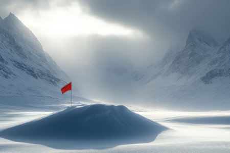 A vivid red flag stands out against a vast, snowy mountain landscape under an overcast sky, conveying a sense of isolation and stark beauty in the high-altitude wilderness.の素材