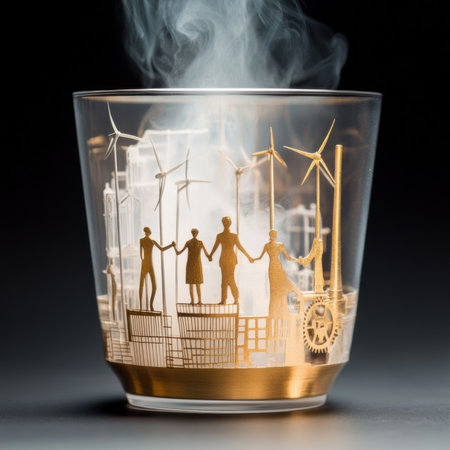 Intricate Miniature Cityscape in Glass with Figures and Smoke Effects.の素材