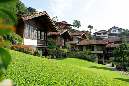 A picturesque hillside village with traditional wooden houses nestled amidst vibrant greenery, showcasing an idyllic blend of rustic architecture and natural beauty on a sunny day.の素材