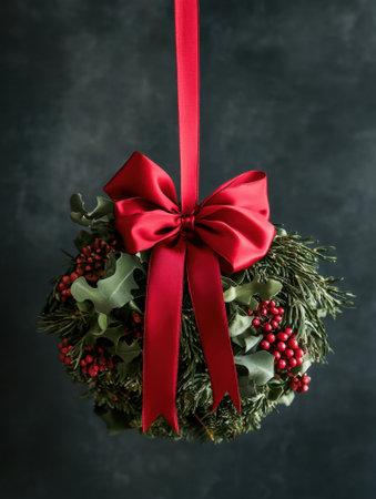 Festive Christmas Kissing Ball with Red Ribbon and Berries Hanging on Dark Background.の素材