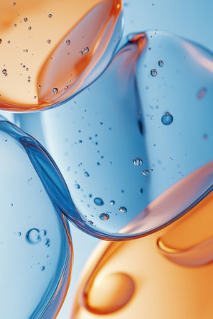 Abstract liquid bubbles in shades of blue and orange float on a light background. the bubbles appear dynamic and translucent, creating a captivating modern design.の素材