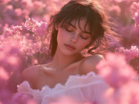 A serene young woman with closed eyes enjoys a peaceful moment surrounded by vibrant pink wildflowers, evoking a sense of tranquility and natural beauty in a sunlit field.の素材