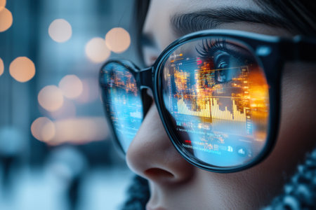 Close-up of a person wearing glasses reflecting a city skyline illuminated with vibrant lights. the winter atmosphere adds a cozy, urban feel, capturing an intimate and reflective moment.の素材