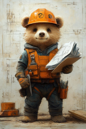 A cute bear dressed in construction gear, including a hard hat and safety vest, holds blueprints. the bear stands confidently amidst a rustic background, a playful representation of construction work.の素材