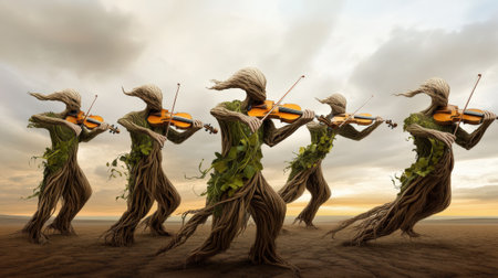 Whimsical tree-like figures with flowing roots play violins in a barren desert landscape under a moody sky, blending nature with magical realism for a surreal effect.の素材