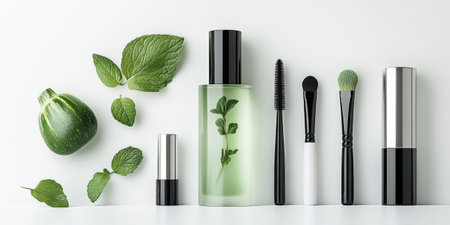 A collection of skincare and makeup essentials, featuring a botanical theme with fresh mint leaves and cucumber, natural beauty and self-care routines.の素材