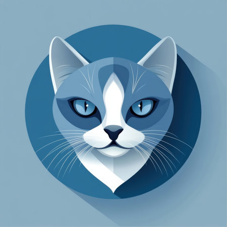 A modern and stylized illustration of a cat's face using geometric shapes, portrayed in blue and white tones. the clean design emphasizes symmetry, fitting perfectly for contemporary decor or design projects.の素材