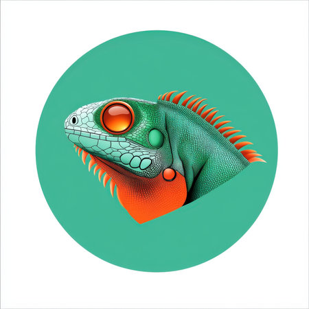 An artistic rendering of an iguana in vivid green and orange hues, showcased in a circular frame against a teal background. ideal for modern design and nature-inspired art displays.の素材