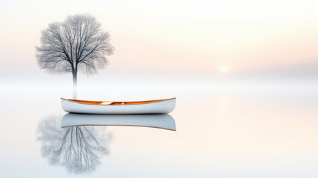 A serene scene featuring a bare tree and a canoe on still waters enveloped by morning fog. the simplicity and tranquility evoke a sense of peace and contemplation.の素材