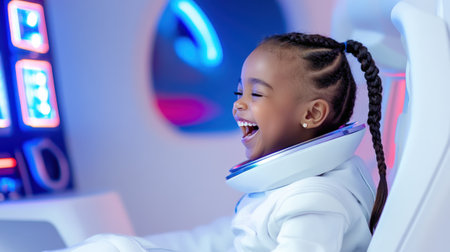 A young black girl, dressed in a futuristic outfit, sits joyfully in a spaceship-like environment. surrounded by vibrant neon lights, she exudes excitement and wonder, embodying a spirit of adventure.の素材