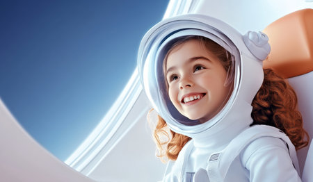 A young girl with curly hair smiles brightly while wearing a space suit, looking out of a spaceship window at a clear blue sky, embodying curiosity and wonder.の素材