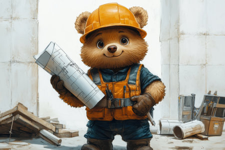 A cute bear dressed as a construction worker stands on a construction site, holding blueprints. the bear wears an orange hard hat and vest, surrounded by construction tools and materials.の素材