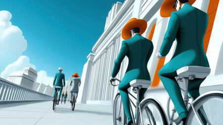 Cyclists dressed in sleek suits and bold hats ride across a modern city bridge under a bright blue sky, showcasing a fusion of fashion and urban innovation in transport.の素材