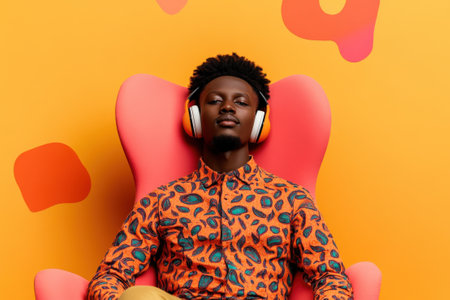 Fashionable young man of african descent wearing headphones, sitting comfortably on a modern chair. vivid orange geometric backdrop enhances the stylish ambiance and vibrant mood.の素材