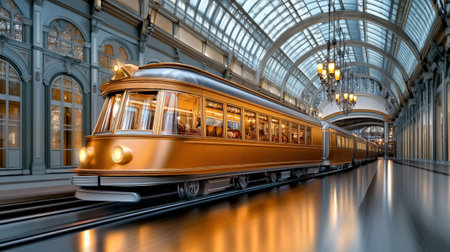 Vintage tram travels smoothly through a historic station with a stunning glass ceiling, reflecting a timeless elegance and charm, immersing passengers in nostalgia.の素材