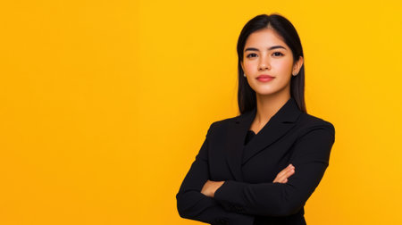 Confident young latina woman stands with arms crossed, wearing a black suit against a bright yellow backdrop. the image conveys professionalism and assertiveness in a vibrant setting.の素材