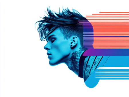 Artistic portrait of a young man with an edgy hairstyle, accompanied by bold abstract stripes in blue and red tones. captures contemporary style and creative expression.の素材