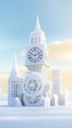 Artistic white clock tower adorned with intricate gears set in a dreamlike environment under a soft blue sky, blending elements of fantasy and imagination.の素材