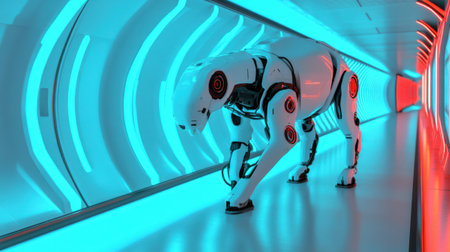 Advanced robotic dog navigates a neon-lit corridor featuring a sleek metallic design. the vibrant blue and red lighting accentuates its modern appearance, embodying technological innovation.の素材