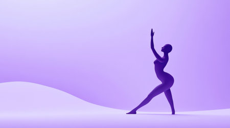 Minimalistic scene with human silhouette striking a yoga warrior pose. set against a gradient purple backdrop, exuding calmness and focus, perfect for wellness concepts.の素材