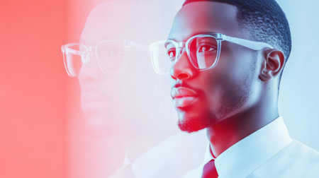 Portrait of a confident african american man wearing modern clear glasses and a white shirt, highlighted by creative red lighting that adds a dynamic and artistic flair.の素材