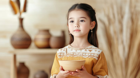 Young girl with long hair holds a wooden bowl in a rustic room. earth-toned ceramic vases and dried pampas grass create a warm, ethnic ambiance in the background.の素材