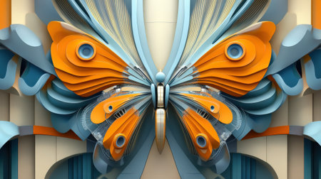 Innovative art piece featuring abstract geometric butterfly design, using bold orange and blue hues. intricate symmetry and modern aesthetic create visual intrigue and dynamic appeal.の素材