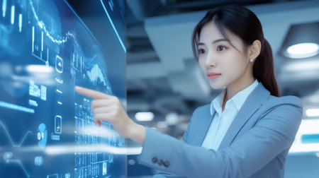 Professional east asian businesswoman reviews detailed analytics on a large digital screen in a high-tech office setting, data-driven strategies for decision-making.の素材