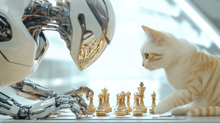 A sleek robot and an attentive cat face off in a strategic chess game. set against a bright, modern backdrop, the scene highlights the blend of technology and nature in a playful context.の素材