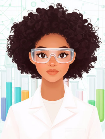 Afro-latina scientist wearing safety goggles conducts research. surrounded by colorful test tubes, she stands confidently in a modern lab, symbolizing innovation and dedication.の素材
