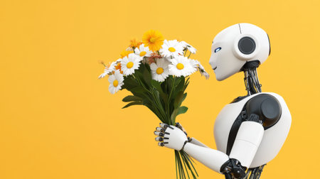 Humanoid robot holding a vibrant bouquet of daisies and sunflowers, set against a vivid yellow background. the contrast highlights the fusion of technology and nature, evoking a sense of harmony and innovation.の素材