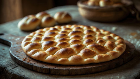 Traditional round bread with a golden, textured crust placed on a wooden board in a rustic kitchen. Soft rolls and a wooden bowl in the background enhance the cozy atmosphere.の素材