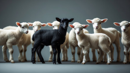 Black lamb surrounded by a group of white lambs, highlighting individuality and contrast. Neutral background emphasizes the unique color difference.の素材