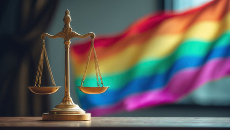 Golden scales of justice placed on a wooden surface with a colorful rainbow flag in the background, representing equality, LGBTQ+ rights, and justice.の素材